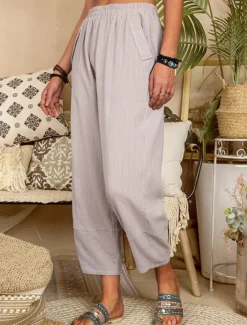 Online Women's Cotton Linen Pants Pants Trousers Lightweight Casual Ankle-Length High Rise Plain Pocket Breathability Comfortable Inelastic Casual Daily Weekend Wine Navy Black White Summer Spring Regular Women Pants