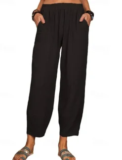 Online Women's Cotton Linen Pants Pants Trousers Lightweight Casual Ankle-Length High Rise Plain Pocket Breathability Comfortable Inelastic Casual Daily Weekend Wine Navy Black White Summer Spring Regular Women Pants