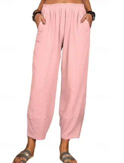 Online Women's Cotton Linen Pants Pants Trousers Lightweight Casual Ankle-Length High Rise Plain Pocket Breathability Comfortable Inelastic Casual Daily Weekend Wine Navy Black White Summer Spring Regular Women Pants
