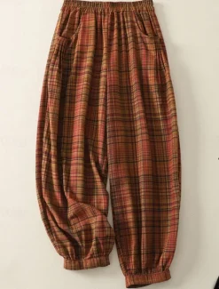 Clearance Women's Cotton Linen Pants Chinos Vacation Vintage Ethnic Style Full Length High Waist Plaid Pocket Drawstring Print Comfort Outdoor Stretchy Vacation Street Causal Yellow Orange Summer Spring Women Pants