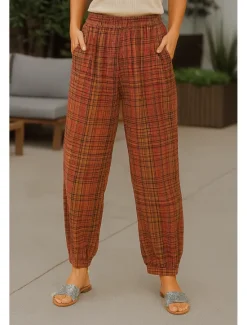 Clearance Women's Cotton Linen Pants Chinos Vacation Vintage Ethnic Style Full Length High Waist Plaid Pocket Drawstring Print Comfort Outdoor Stretchy Vacation Street Causal Yellow Orange Summer Spring Women Pants