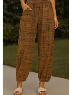 Clearance Women's Cotton Linen Pants Chinos Vacation Vintage Ethnic Style Full Length High Waist Plaid Pocket Drawstring Print Comfort Outdoor Stretchy Vacation Street Causal Yellow Orange Summer Spring Women Pants