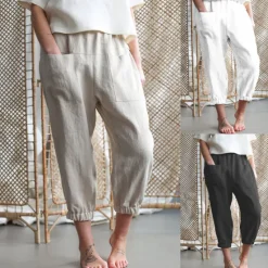 Online Women's Cotton Linen Pants Comfort Pure Color Pocket Elastic Waist Breathable Micro-elastic Home Black White Khaki Summer Women Pants