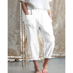 Online Women's Cotton Linen Pants Comfort Pure Color Pocket Elastic Waist Breathable Micro-elastic Home Black White Khaki Summer Women Pants