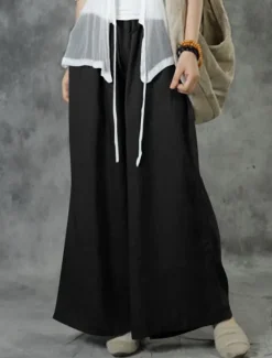 Discount Women's Cotton Linen Pants Wide Leg Baggy Pants Solid Color Vacation Basic Casual Full Length High Waist Plain Pocket Elastic Waist Comfort Outdoor Micro-elastic Vacation Street Daily Women Pants