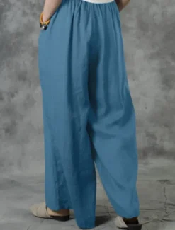 Discount Women's Cotton Linen Pants Wide Leg Baggy Pants Solid Color Vacation Basic Casual Full Length High Waist Plain Pocket Elastic Waist Comfort Outdoor Micro-elastic Vacation Street Daily Women Pants