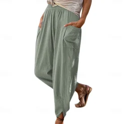 Best Women's Cotton Linen Pants with Side Pockets Wide-Leg Loose Casual Summer Fall White Light Blue S 2XL Women Pants