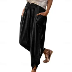 Best Women's Cotton Linen Pants with Side Pockets Wide-Leg Loose Casual Summer Fall White Light Blue S 2XL Women Pants