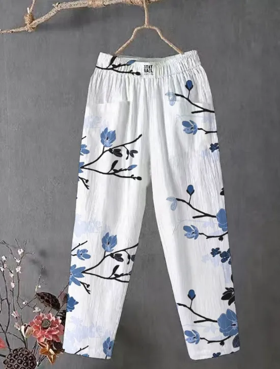 Outlet Women's Cotton Linen Pants Slacks Baggy Pants Comfort Chino Ankle-Length Medium Waist Flower Pocket Baggy Print Breathability Micro-elastic Outdoor Daily Light Pink White / White Black 4# Blue All Women Pants