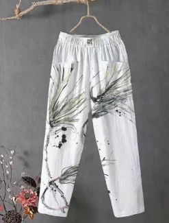 Outlet Women's Cotton Linen Pants Slacks Baggy Pants Comfort Chino Ankle-Length Medium Waist Flower Pocket Baggy Print Breathability Micro-elastic Outdoor Daily Light Pink White / White Black 4# Blue All Women Pants