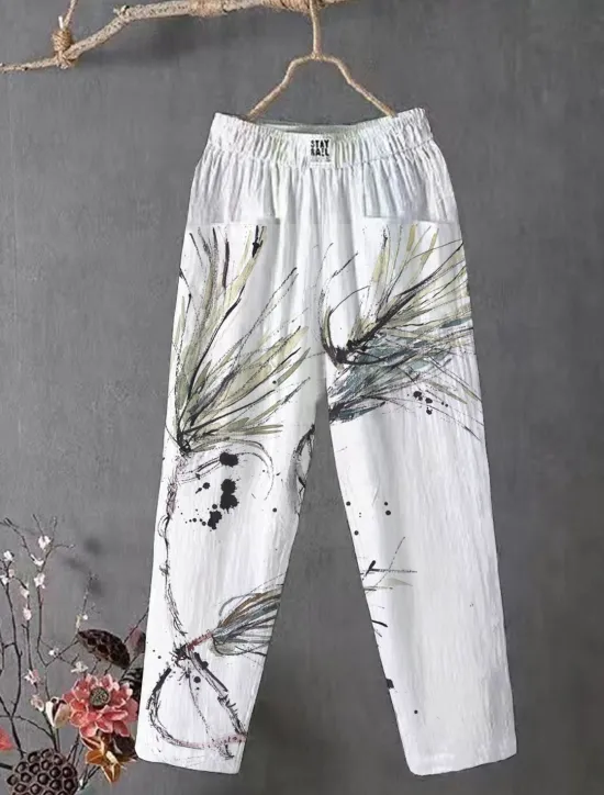 Outlet Women's Cotton Linen Pants Slacks Baggy Pants Comfort Chino Ankle-Length Medium Waist Flower Pocket Baggy Print Breathability Micro-elastic Outdoor Daily Light Pink White / White Black 4# Blue All Women Pants