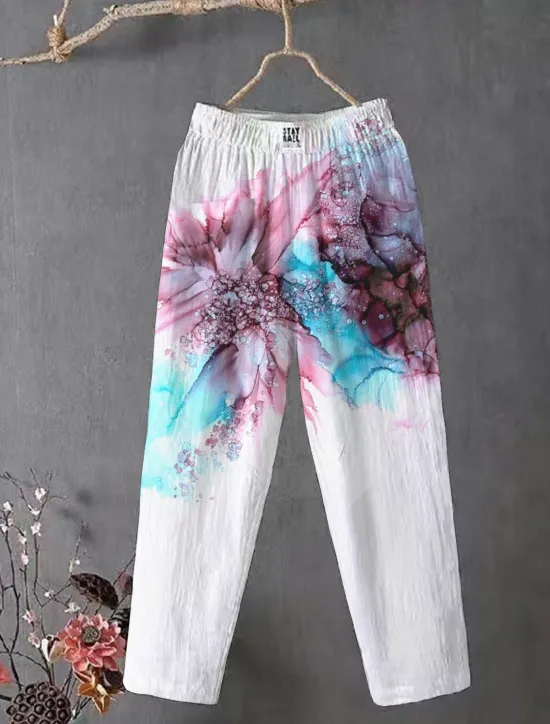 Outlet Women's Cotton Linen Pants Slacks Baggy Pants Comfort Chino Ankle-Length Medium Waist Flower Pocket Baggy Print Breathability Micro-elastic Outdoor Daily Light Pink White / White Black 4# Blue All Women Pants