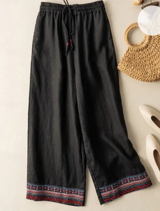 Hot Women's Cotton Linen Pants Chinos Pants Trousers Fashion Ethnic Style Basic Full Length High Waist Floral Embroidered Pocket Drawstring Comfort Outdoor Micro-elastic Vacation Street Daily Apricot Women Pants|Pants