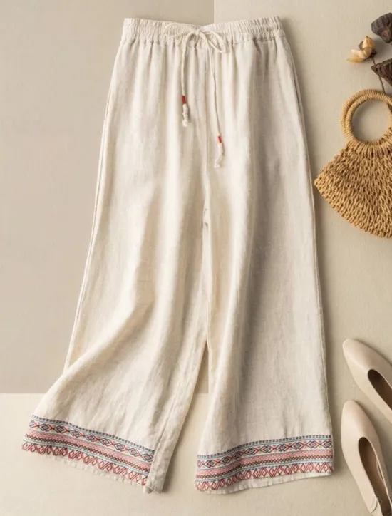 Hot Women's Cotton Linen Pants Chinos Pants Trousers Fashion Ethnic Style Basic Full Length High Waist Floral Embroidered Pocket Drawstring Comfort Outdoor Micro-elastic Vacation Street Daily Apricot Women Pants|Pants