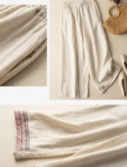 Hot Women's Cotton Linen Pants Chinos Pants Trousers Fashion Ethnic Style Basic Full Length High Waist Floral Embroidered Pocket Drawstring Comfort Outdoor Micro-elastic Vacation Street Daily Apricot Women Pants|Pants
