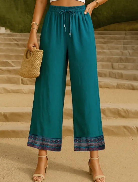 Hot Women's Cotton Linen Pants Chinos Pants Trousers Fashion Ethnic Style Basic Full Length High Waist Floral Embroidered Pocket Drawstring Comfort Outdoor Micro-elastic Vacation Street Daily Apricot Women Pants|Pants
