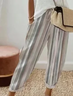 Online Women's Cotton Linen Pants Slacks Casual Full Length Natural Striped Pocket Elastic Drawstring Design Outdoor Comfortable Street Going out White Blue Khaki Summer Regular Fit Women Pants
