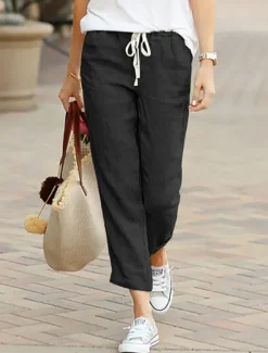 Online Women's Cotton Linen Pants Chinos Slacks Basic Comfort Ankle-Length Mid Waist Solid Colored Pocket Drawstring Baggy Breathability Lightweight Inelastic Christmas Work Office / Career Black Green Women Pants