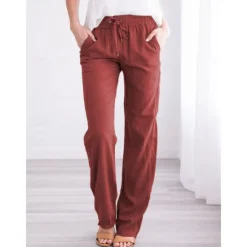 Sale Women's Cotton Linen Pants Pants Trousers Casual Daily Full Length Plain Drawstring Side Pockets Breathability Comfortable Inelastic Going out Weekend Black White Yellow Burgundy Spring & Summer Women Pants