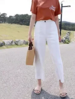Online Women's Cotton Linen Pants Pants Trousers Fashion Ankle-Length Plain Side Pockets Breathability Comfortable Inelastic Casual Daily Black White Khaki Beige Spring & Fall Women Pants