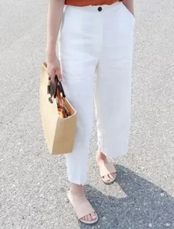 Online Women's Cotton Linen Pants Pants Trousers Fashion Ankle-Length Plain Side Pockets Breathability Comfortable Inelastic Casual Daily Black White Khaki Beige Spring & Fall Women Pants