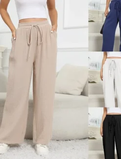 Best Women's Cotton Linen Pants Pants Trousers Lightweight Casual Full Length Mid Rise Plain Pocket Drawstring Breathability Comfortable Inelastic Casual Daily Weekend Summer Spring Regular Fit Women Pants