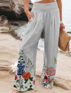 Discount Women's Cotton Linen Pants Wide Leg Chinos Vacation Vintage Ethnic Style Full Length High Waist Floral Pocket Elastic Waist Printing Comfort Outdoor Stretchy Street Causal Daily Grey Red Blue Dark Women Pants|Pants