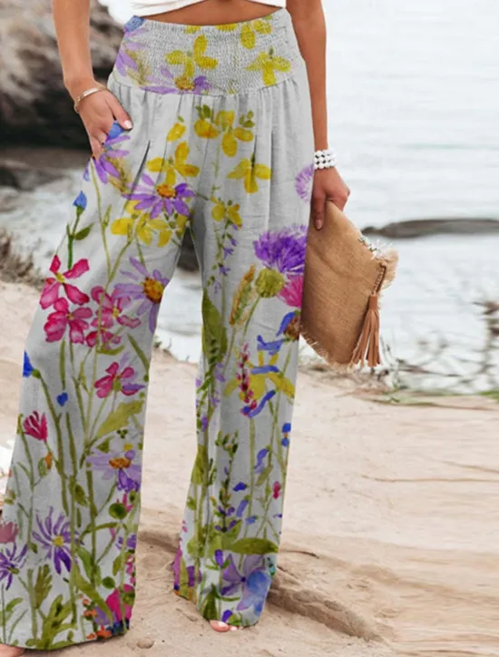 Discount Women's Cotton Linen Pants Wide Leg Chinos Vacation Vintage Ethnic Style Full Length High Waist Floral Pocket Elastic Waist Printing Comfort Outdoor Stretchy Street Causal Daily Grey Red Blue Dark Women Pants|Pants