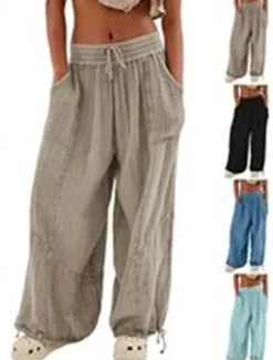 Clearance Women's Cotton Linen Pants Fashion Streetwear Comfort Full Length High Waist Plain Drawstring Elastic Waist Leg Drawstring Comfy Outdoor Comfortable Street Daily Wear Women Pants