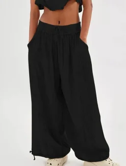 Clearance Women's Cotton Linen Pants Fashion Streetwear Comfort Full Length High Waist Plain Drawstring Elastic Waist Leg Drawstring Comfy Outdoor Comfortable Street Daily Wear Women Pants