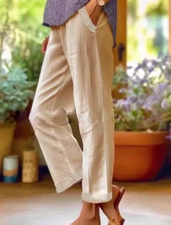 Online Women's Cotton Linen Pants Pants Trousers Lightweight Casual Ankle-Length Mid Rise Plain Pocket Breathability Comfortable Inelastic Casual Daily Weekend Sapphire Blue Black White Khaki Summer Spring Women Pants