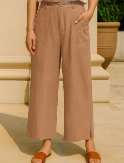 New Women's Cotton Linen Pants Wide Leg Chinos Vacation Vintage Fashion Full Length High Waist Plain Pocket Comfort Outdoor Inelastic Vacation Street Daily Yellow Orange Beige Summer Spring Fall Regular Women Pants|Pants