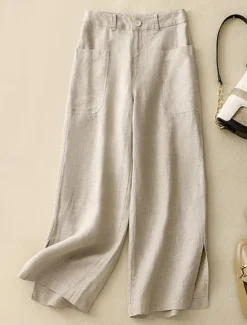 New Women's Cotton Linen Pants Wide Leg Chinos Vacation Vintage Fashion Full Length High Waist Plain Pocket Comfort Outdoor Inelastic Vacation Street Daily Yellow Orange Beige Summer Spring Fall Regular Women Pants|Pants