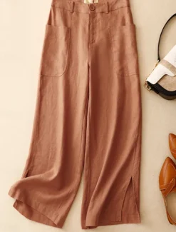 New Women's Cotton Linen Pants Wide Leg Chinos Vacation Vintage Fashion Full Length High Waist Plain Pocket Comfort Outdoor Inelastic Vacation Street Daily Yellow Orange Beige Summer Spring Fall Regular Women Pants|Pants