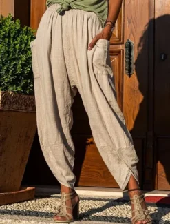 Clearance Women's Cotton Linen Pants Slacks Active Casual Full Length Natural Plain Pocket Elastic Waist Outdoor Comfortable Outdoor Daily Apricot Army Green Dark Gray Summer Regular Fit Women Pants