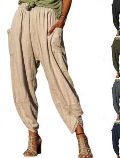 Clearance Women's Cotton Linen Pants Slacks Active Casual Full Length Natural Plain Pocket Elastic Waist Outdoor Comfortable Outdoor Daily Apricot Army Green Dark Gray Summer Regular Fit Women Pants