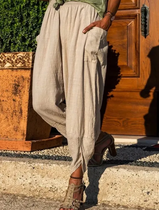 Clearance Women's Cotton Linen Pants Slacks Active Casual Full Length Natural Plain Pocket Elastic Waist Outdoor Comfortable Outdoor Daily Apricot Army Green Dark Gray Summer Regular Fit Women Pants
