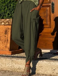 Clearance Women's Cotton Linen Pants Slacks Active Casual Full Length Natural Plain Pocket Elastic Waist Outdoor Comfortable Outdoor Daily Apricot Army Green Dark Gray Summer Regular Fit Women Pants