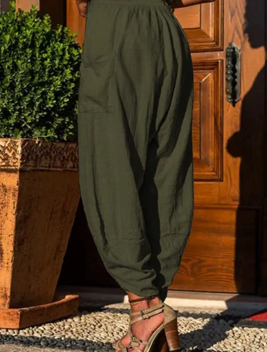 Clearance Women's Cotton Linen Pants Slacks Active Casual Full Length Natural Plain Pocket Elastic Waist Outdoor Comfortable Outdoor Daily Apricot Army Green Dark Gray Summer Regular Fit Women Pants