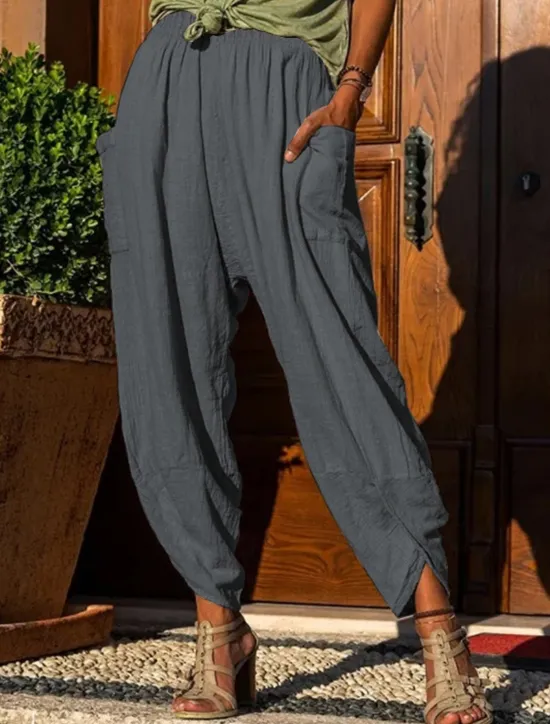 Clearance Women's Cotton Linen Pants Slacks Active Casual Full Length Natural Plain Pocket Elastic Waist Outdoor Comfortable Outdoor Daily Apricot Army Green Dark Gray Summer Regular Fit Women Pants