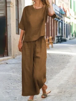 Online Women's Cotton Linen Sets Two Piece Sets Pure Color Hot Casual Comfort Home Daily Spring Fall Women Sets