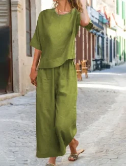 Online Women's Cotton Linen Sets Two Piece Sets Pure Color Hot Casual Comfort Home Daily Spring Fall Women Sets