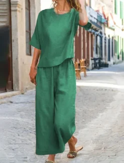 Online Women's Cotton Linen Sets Two Piece Sets Pure Color Hot Casual Comfort Home Daily Spring Fall Women Sets