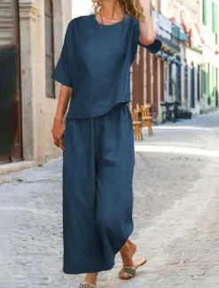 Online Women's Cotton Linen Sets Two Piece Sets Pure Color Hot Casual Comfort Home Daily Spring Fall Women Sets