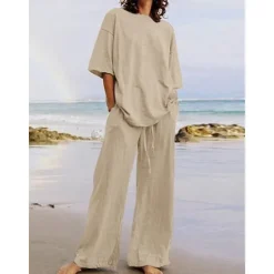 Discount Women's Cotton Linen Sets Two Piece Sets Basic Pure Color Pocket Elastic Waist T Shirt Pant Street Daily Long Sleeve Crew Neck Black White Navy Blue Light Brown Blue Summer Spring Women Sets
