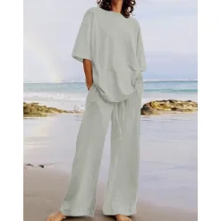 Discount Women's Cotton Linen Sets Two Piece Sets Basic Pure Color Pocket Elastic Waist T Shirt Pant Street Daily Long Sleeve Crew Neck Black White Navy Blue Light Brown Blue Summer Spring Women Sets