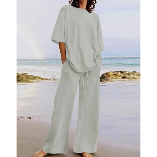 Discount Women's Cotton Linen Sets Two Piece Sets Basic Pure Color Pocket Elastic Waist T Shirt Pant Street Daily Long Sleeve Crew Neck Black White Navy Blue Light Brown Blue Summer Spring Women Sets