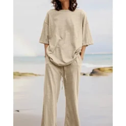 Discount Women's Cotton Linen Sets Two Piece Sets Basic Pure Color Pocket Elastic Waist T Shirt Pant Street Daily Long Sleeve Crew Neck Black White Navy Blue Light Brown Blue Summer Spring Women Sets