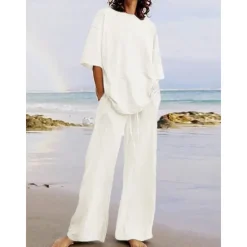 Discount Women's Cotton Linen Sets Two Piece Sets Basic Pure Color Pocket Elastic Waist T Shirt Pant Street Daily Long Sleeve Crew Neck Black White Navy Blue Light Brown Blue Summer Spring Women Sets
