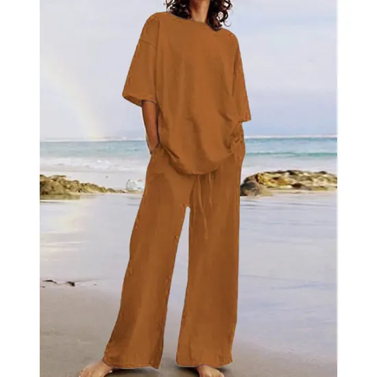 Discount Women's Cotton Linen Sets Two Piece Sets Basic Pure Color Pocket Elastic Waist T Shirt Pant Street Daily Long Sleeve Crew Neck Black White Navy Blue Light Brown Blue Summer Spring Women Sets